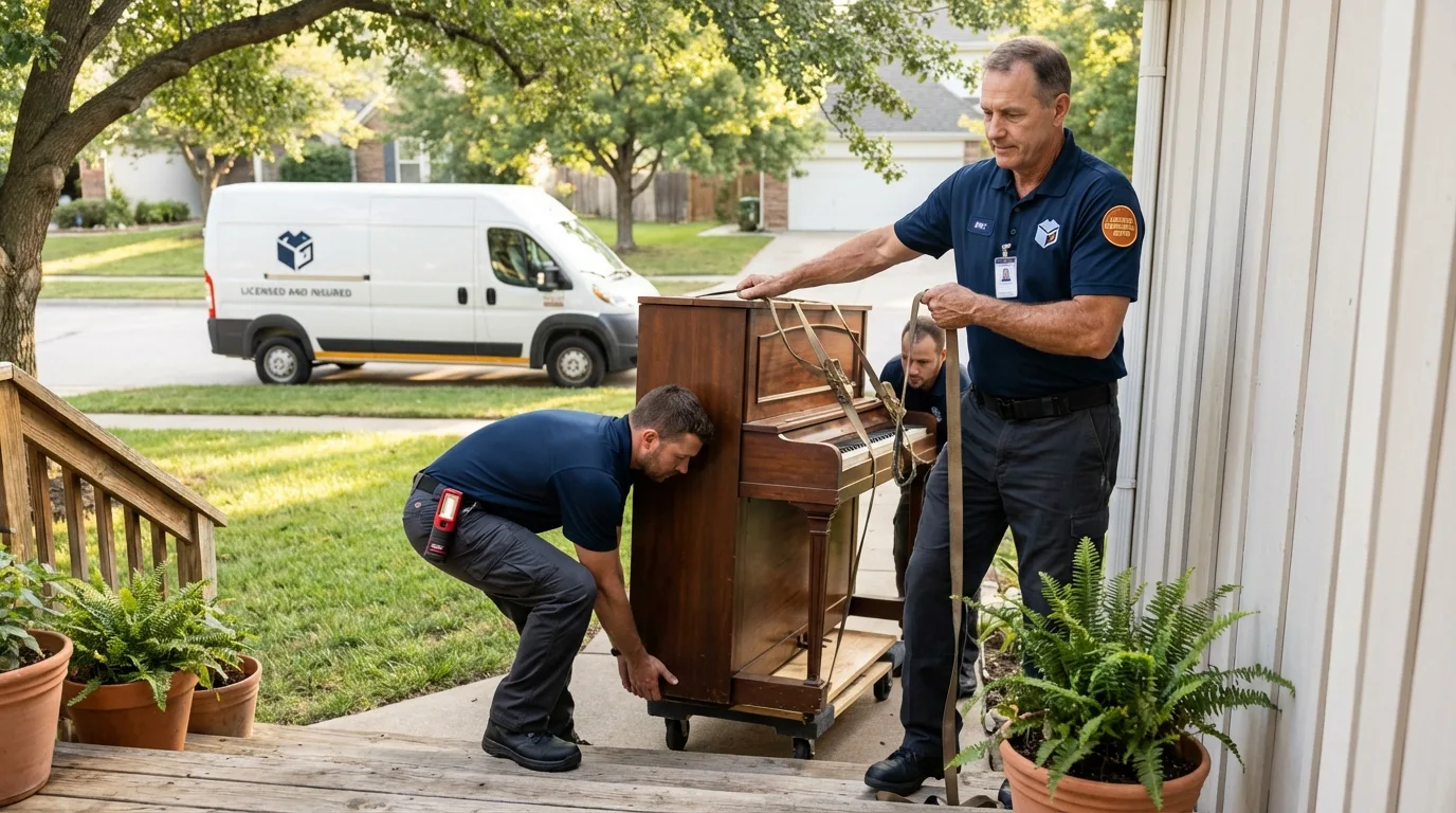 Licensed piano movers securing grand piano in Daleville, AL