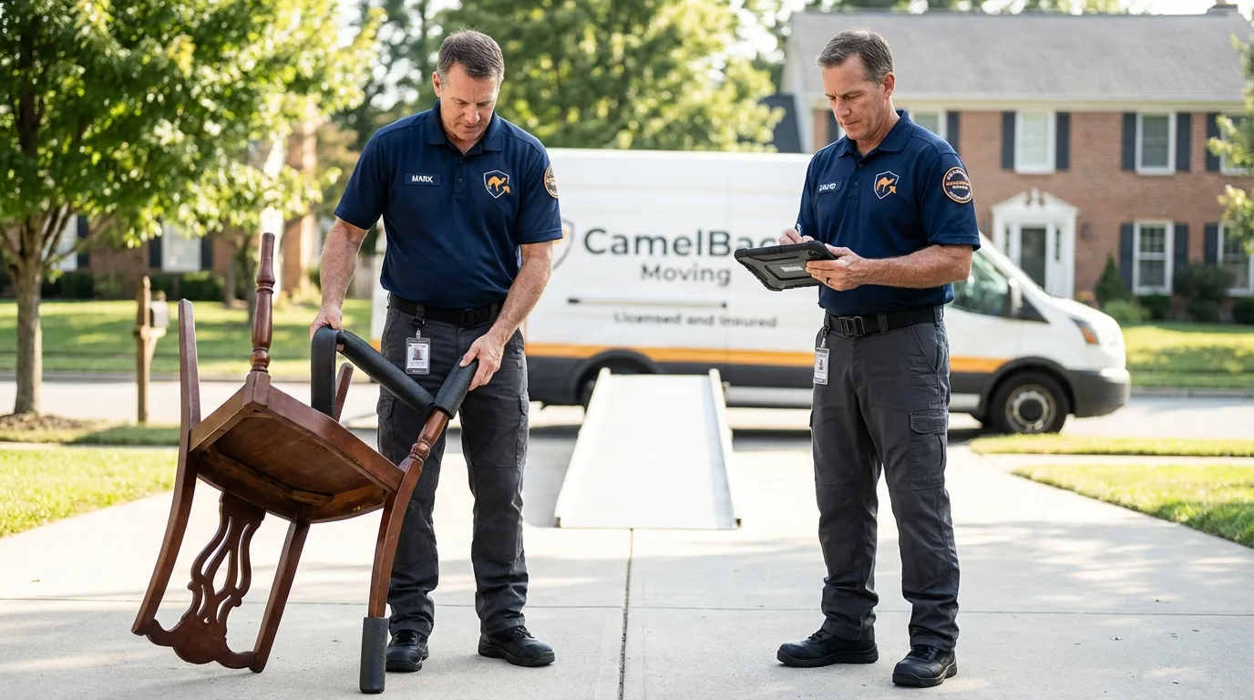 Movers inspecting furniture for damage prevention before loading in Daleville, AL