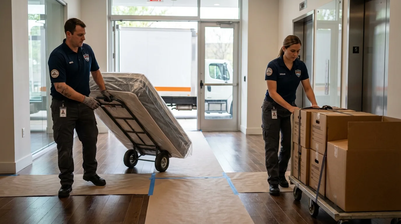 Professional apartment movers loading elevator in Daleville, AL