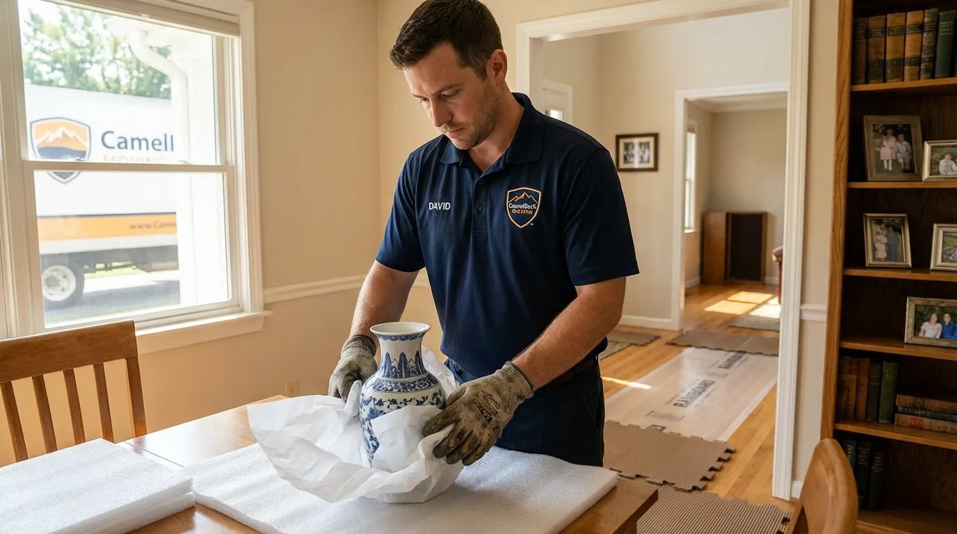 Professional crew carefully wrapping antique vase for senior downsizing move in Daleville, AL